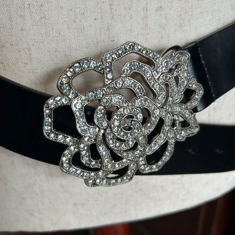 Vintage Rhinestone Rose Black Leather Belt